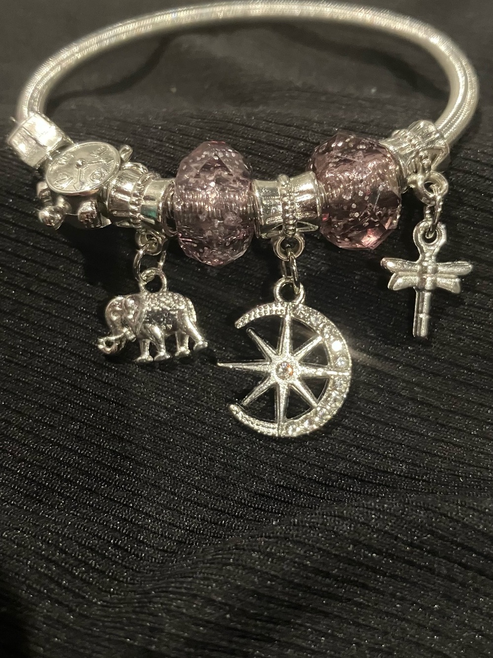 Silver Charm Bracelet with Pink Crystal Beads